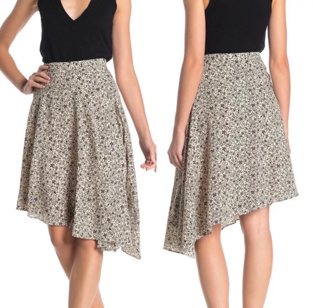 Joie Moni Hi-Low Midi Skirt Black Cream Floral Asymmetric Women's Size 4